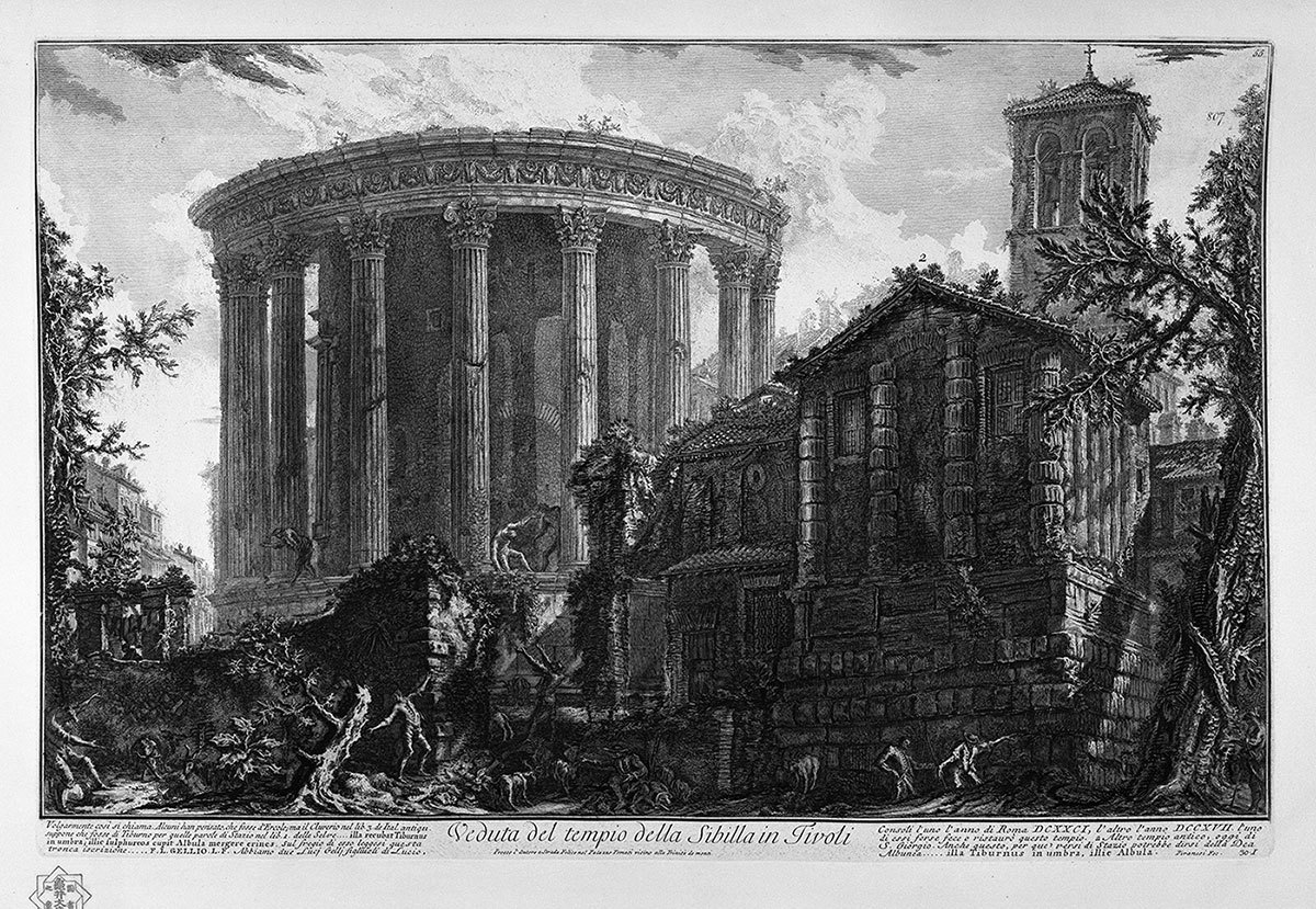 Temple of Vesta at Tivoli - ruin. Illustration by Piranesi