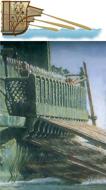 Quinquereme Rower Arrangement (Cutaway Front View and External Diagonal View)